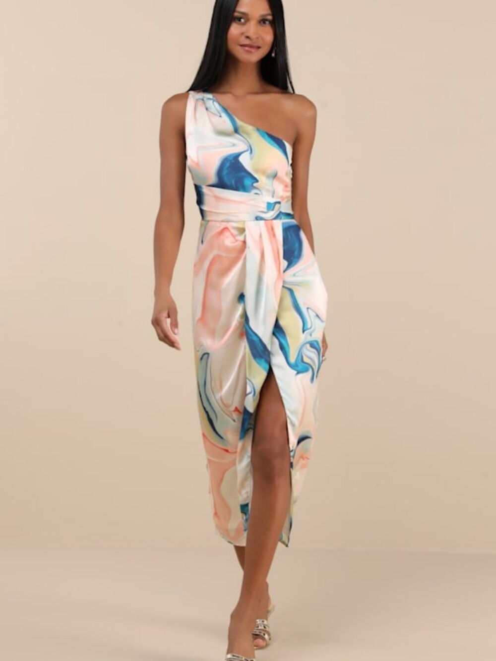 Lulus Rhema White Multi Abstract Print Satin Midi Dress - Size M
